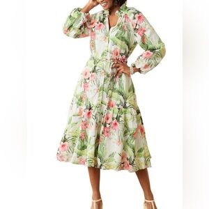 Tommy Bahama Daybreak Hibiscus Floral Long Sleeve Linen Midi Dress White